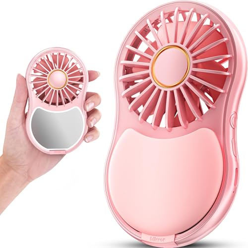 TUNISE Handheld Fan, USB Rechargeable Mini Portable Fan, 3-Speed Small Quiet Personal with Makeup Mirror & LED Light, Battery Operated Desk Fan for Women Travel Office Home (Pink)