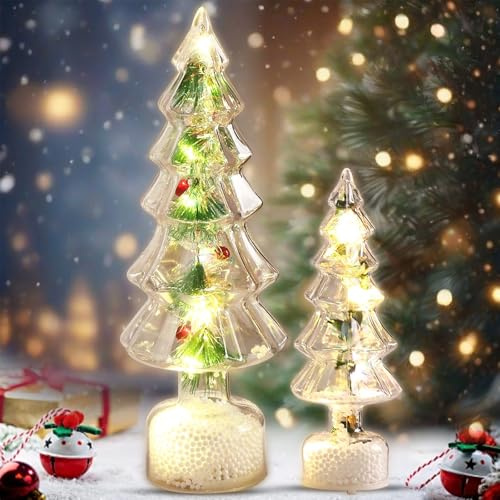 Mini julgran med LED, 2 stycken konstgjorda gran, glas julgran liten, bord julgran, julgran med belysning, dekoration inomhus, dekoration hem fest, juldekoration (C)