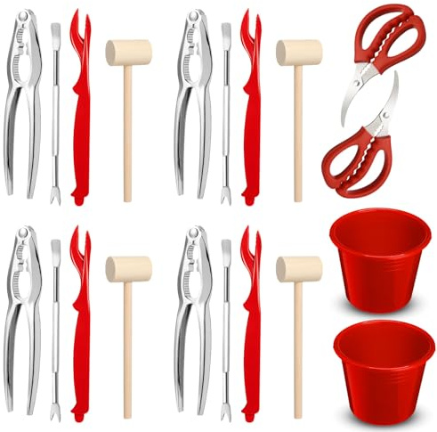 Lanties 20 Pcs Seafood Tools Set Seafood Boil Party Supplies Crab Crackers Scissors Lobster Sheller Hammer Shellfish Forks Cracker Red Plastic Bucket for Lobster Crab Food New Year Party