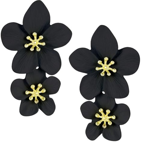 1 Par de Pendientes de Flores, Pendientes Vintage de Doble Capa para Mujeres y Niñas (Negro)