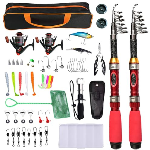 Kit de Pesca para 2 Personas, 2 x cañas telescópicas de 1,9 m y carretes 3000, con indicador de picada, alicate, Caja de señuelos, Rejilla & Bolsa, Ideal para Principiantes y Profesionales, Agua Sala