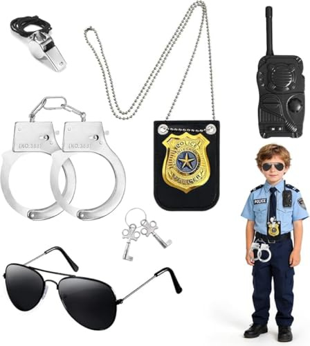 VINEST Juego de 6 equipos de policía para niños con esposas, marca de policía, silbato, walkie talkie, esposas, llaves, gafas de sol, accesorios de cosplay para carnaval fiesta temática