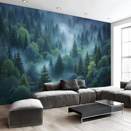 NAWVNMI Nebbia Foresta Sempreverde Carta da Parati Seta Tessuto 300 x 210cm Verde Scuro Vento Naturale Fotomurali Carta da Parati Panoramica per Soggiorno, Ufficio, TV Sfondo al Chiuso Decorazione