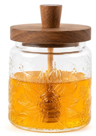Bncxdc Dispensador de Miel, Dosificador Miel, Cuchara y Tapa 2 en 1, Frasco de Vidrio con Contorno de Girasol