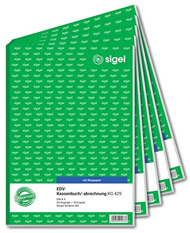 SIGEL KG429/5 Kassenbuch EDV, mit DATEV-gerechtem Aufbau: Steuerschiene 300, A4, 2x50 Blatt, 5er Pack, mit Blaupapier, ultrafeiner Mikroperforation