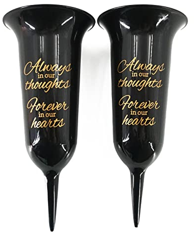 Set of 2 Black and Bronzed Gold Forever in Our Hearts Fluted Spiked Memorial Grave Flower Vases