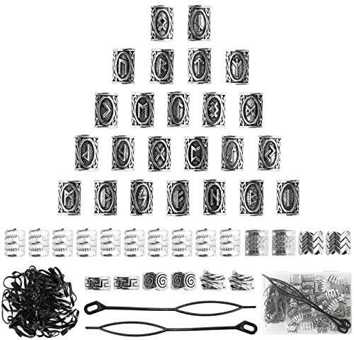 76PCS Vikings Hair Jewelry Norse Runes Tube Beads, Metal Clips Cuffs Rings, Accessories for Braids Dreadlocks Beads for Braiding Beard Decoration Bracelets Pendant Necklace DIY