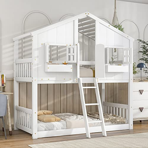 Harper & Bright Designs Twin Over Twin Wood House Bunk Bed with Roof, Window and Door for Kids, Wooden Floor Bunk Bed Frame with Ladder & Guardrails for Girls Boys, No Box Spring Needed, White