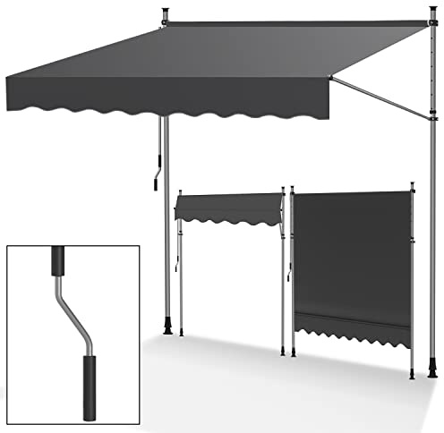 Jopassy Klämmarkis, med handvev, borrfri markis, UV-resistent och vattentät, för terrass och balkong, höjdjusterbar, 300 cm bred, grå