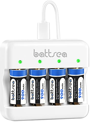 Battsea Rechargeable 123A / 123 Lithium Batteries 4 Pack 900mAh 3.7V with Fast Charger Compatible with Arlo Camera Flashlights Microphone Smoke Detector Electric Shaver Alarm Clock Calculator