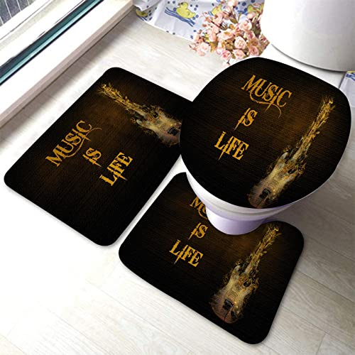 Bathroom Mat Sets 3 Piece Heavy Metal Music Music Is Life U Shape Wc Toilet Rug Soft Toilet Rug With Rubber Backing Non Slip Bath Rug, For Toilet Lid Cover