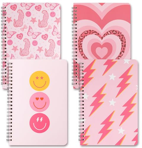 L1rabe 4 A5 Preppy Spiral Notebooks Back to School Y2K Notepads Travel Journal for Kids Teens Cute Pink Smile Hardbound College Ruled Exercise Book for Girl School Office Supplies Holiaday Gift