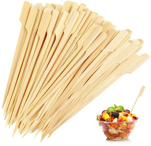 100 Pcs BBQ Kebab Sticks,Wooden Paddle Pick Bamboo Skewers,12cm Flat Burger Paddle Sticks Wooden,Mini Wooden Stirrers Stick,Charcuterie Accessories for Barbeque,Cocktails,Fruit,Kebab,Party