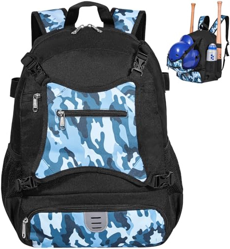 TRAILKICKER Baseball Bag for Boys Lightweight Youth Softball Backpack with Shoe Compartment and External Helmet Holder Durable and Waterproof (Blue Black Camouflage)