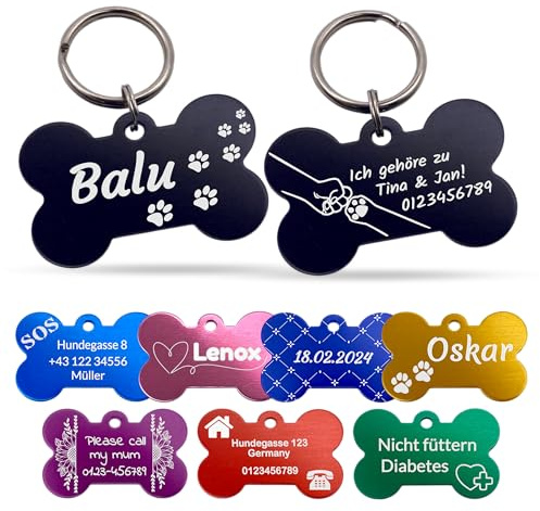 Unikat Branding | Targhetta per cani in confezione singola, cane, gatto e padrone, personalizzabile, su entrambi i lati con incisione | osso | 38 mm (rosso)