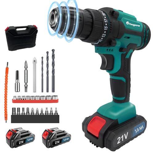 Cordless Drill Driver with 2PCS 3000mAH Battery, Handheld Electric Screwdriver Set with 25+1 Torque, 35 N・m, 2-Speed Power Drills, 27 PCS Kit for Home Garden DIY Project