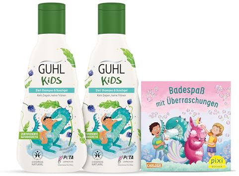 Guhl Kids Dino Vorteils-Set - 2x Guhl Kids 2 in 1 Shampoo & Duschgel, 250ml + 1x Pixi Buch - Speziell für Kinder entwickelt - Kein Ziepen - Cosmos Natural zertifiziert