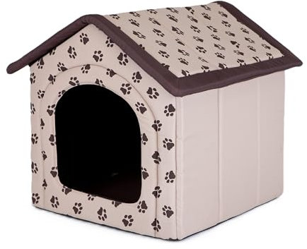 Sales Core Hundehöhle Hundehütte Hundebett Hundebox - R3: 46 x 52 x 53 cm -Beige mit braunen Hundepfoten - Indoor/Outdoor Katzenhütte Hundehaus Hundestrandkorb Hundekorb