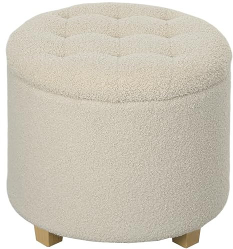 HOMCOM Sitzhocker mit Stauraum, Kleiner Hocker mit Deckel, Runder Fußhocker mit Holzbeinen, Kaschmiroptik, Polsterhocker für Wohnzimmer Schlafzimmer, 45 x 45 x 41 cm, Cremeweiß