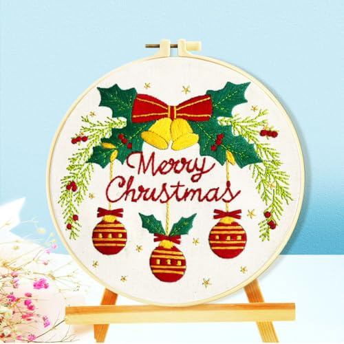 Zhenqing Christmas Bells Embroidery Kit - 29x29cm Printed Fabric, Hoop & Tools for Beginners(C0036)
