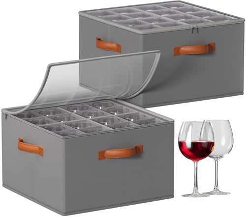 Foyego Wine Glass Storage Box with Dividers, 2 Pack Glassware Storage Containers, Stemware Storage Cases Holds 32 Wine Glasses, Stackable Crystal Storage Containers with Clear Cover for Moving，Gray