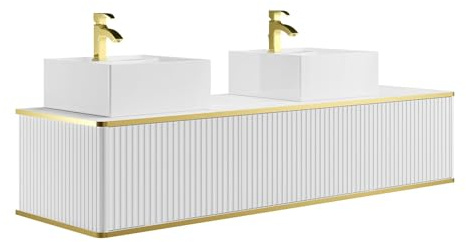 Vente-unique - Mobile da Bagno Appeso striato con bordo dorato 2 cassetti con doppio lavabo quadrato - Bianco - 150 cm - KELIZA