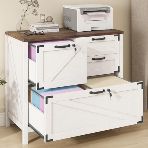 BonVache Wood Lateral File Cabinet with 4 Drawer for Hanging Files Letter/A4/Legal Size, Large Farmhouse Filing Cabinets with Lock for Home Office, Home Office Furniture Rustic White