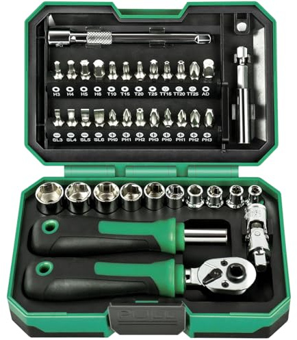 Faoyoon 39PCS Ratcheting Wrench Set, Metric Shallow Mini Socket Set with Ratchet (4-13mm), 1/4“ Mini Ratchet Screwdrivers Set Magnetic, Power Bits, Universal Joints, Spinner, Extensions, Storage Box