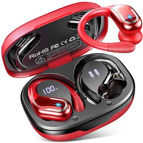 Wireless Earbuds Sport, 2026 Bluetooth 5.4 Headphones 75Hrs HD Stereo Ear Buds, Running Earphones with Earhooks, 4 ENC Noise-Cancelling Mic, USB-C, IP7 Waterproof, for iOS Android Gym Workout, Red