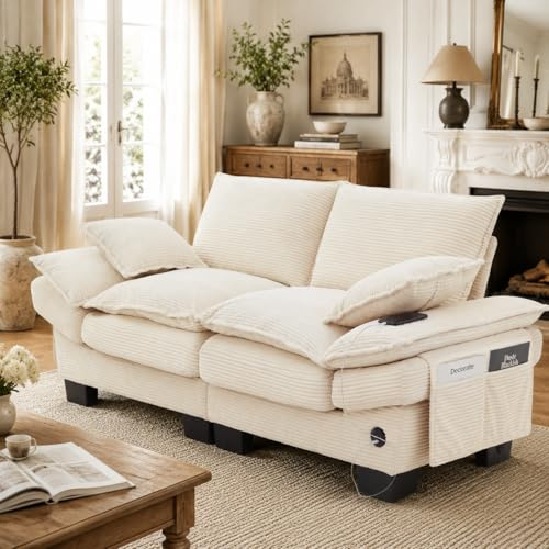 ECLIVON Sofá Cama con Respaldo y Almohada para Salón, Sofá Doble con Cómodos Cojines y Reposabrazos, Sofás con Bolsillos Laterales para Dormitorio Apartamento, Sofás Modular, Pana (Beige)