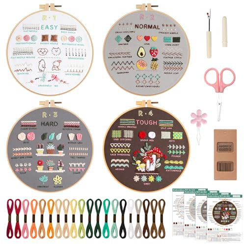 VynyQoo 4pcs Embroidery Kit Principianti, Ricamo Starter Kits, Set Ricamos per Adulti e Principianti con Telaio Fili e Attrezzi per imparare 40 punti con istruzioni video