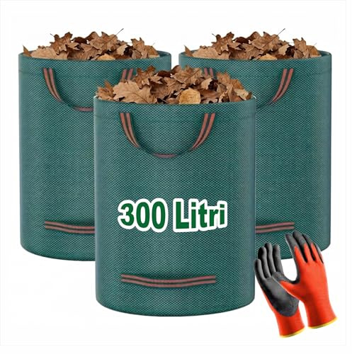 Meridiana 3pz Sacchi per Rifiuti da Giardino 300 Litri Resistenti con Guanti in Regalo - Sacchi giardinaggio Riutilizzabili 4 Maniglie, sacco foglie giardino TNT Industriale per Foglie Rifiuti Detriti