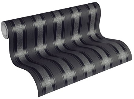 A.S. Création Carta da parati a righe bianche e nere in tessuto non tessuto con glitter, 10,05 m x 0,53 m, nero 361673