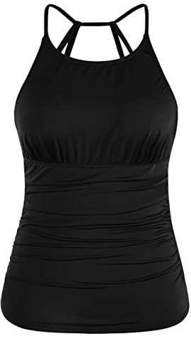 Cadocado Women Black Tankini Top Tummy Control Beach Swimsuit Top Without Bottom Swimwear,Black,US 14