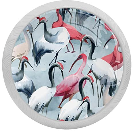 4 Packs Pink Grey Paint Crane Pattern Fluorescence Crystal Glass Cabinet Knobs Drawer Handles for Kitchen Cabinets Dresser Cupboard Wardrobe Pulls Handles