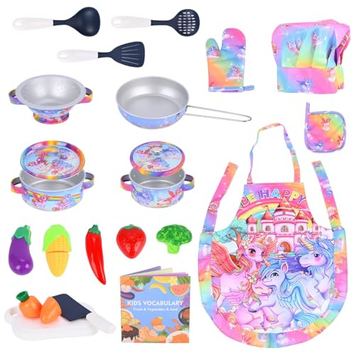 ​​FUQUN 20-teiliges Matschküchen-Zubehör Set aus Edelstahl mit Schürze und Kochmütze für Rollenspiele – Kinderküche Spielzeug für Draußen, für Mädchen und Jungen​​