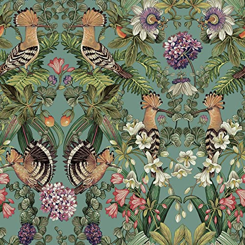 Holden Mirrored Bird Wallpaper - Modern Wallpaper for Living Room, Bedroom, Fireplace - Decorative Luxury Wall Paper with Tropical Birds, Flowers, Leaves & Mirrored Pattern (Teal Holden)