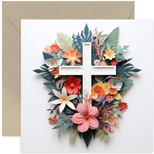 Old English Co. Floral Religious Cross Card - Card for First Communion, Christening, Baptism, Christening for Boys or Girls - Foliage Paper Cut Out Artwork Religious Faith Card | Blank Inside