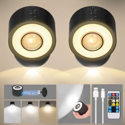 2 Pezzi Luci da Parete a Batteria, Applique da Parete per Interni con 3 Modalità di Colore, 4 Livelli di Luminosità, Rotazione di 360°, Controllo Tattile, Lampada da Muro per Lettura