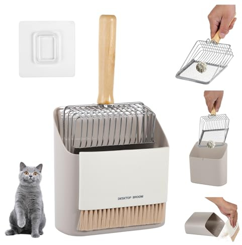 Katzenklo Set mit Metall-Katzenklo Schaufel, Aufbewahrungshalter und Reinigungsbesen - 3-teiliges Edelstahl Set mit Siebfunktion, Ergonomischem Griff und Staubschaufel für Katzenstreu Reinigung