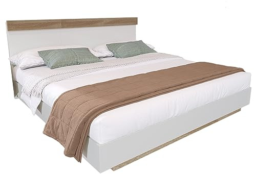 SogesPower Letto matrimoniale in legno moderno con effetto sospeso e doghe in legno massiccio. Testiera bicolore in rovere Sonoma e bianco alpino – 160x200 cm