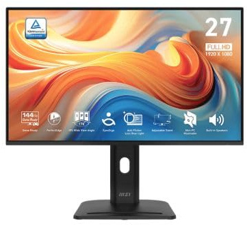MSI Pro MP275PG E14 Monitor Profesional FHD de 27 Pulgadas, 1920x1080 IPS, 144Hz, 1ms, HDR Ready, Eye Care, Altavoz Integrado, HDMI 2.0, DP 1.2a, Ajustable en inclinación, Altura, Soporte Vesa, Negro