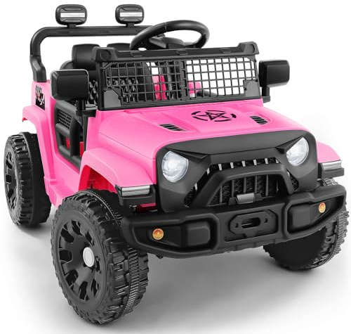 ELEMARA Electric Cars for Kids, Max 3.5MPH, 12V Ride On Toy Car W/Remote Control, Bluetooth, LED Lights, Shock Absorbers, Motorized Off-Road Truck, 3 Speeds Electric Vehicles for Child-Pink