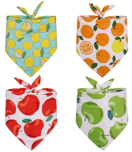 4 Dog Bandanas, Pet Scarf，Cotton Fruit Print Triangle Bibs for Small Dogs Cats