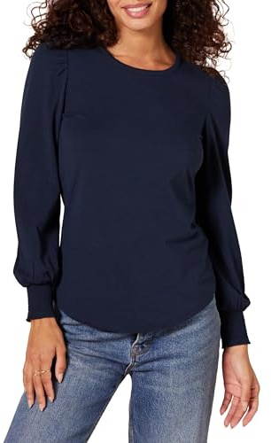 Amazon Essentials Women's Long-Sleeve Crewneck Smocked Cuff T-Shirt, Navy, L