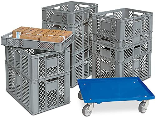 BRB 11 contenitori Euro/cesti impilabili a 4 altezze, PE-HD, grigio, lunghezza 600 x 400 mm, altezza 90 mm/150 mm/240 mm/320 mm, con rotelle per il trasporto
