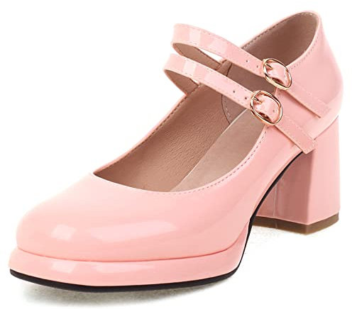 Lizoleor Mujer Punta Redonda Mary Jane Charol Correa De Tobillo Tacón Ancho Plataforma Pump Moda Grande Fit Fiesta Elegante Bridesmaid Zapatos Rosa Talla 38 EU/39Cn