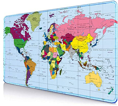 Grand tapis de souris moderne avec motif carte du monde - Base en caoutchouc antidérapante - Pour bureau complet
