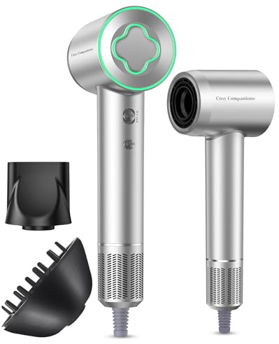 High-Speed Ionic Hair Dryer, 150000 RPM Brushless Motor for 2-5Min Fast Drying, Low Noise Blow Dryer Reduces Frizz & Heat Damage, Lightweight Hair Dryer with Diffuser & Nozzle, Silvery