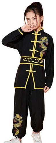 YEMYIQZ Kung Fu Uniform for Boys Girls Kids Traditional Chinese Embroidered Tai Chi Wing Chun Master Martial Arts Set Outfit (Black, S)